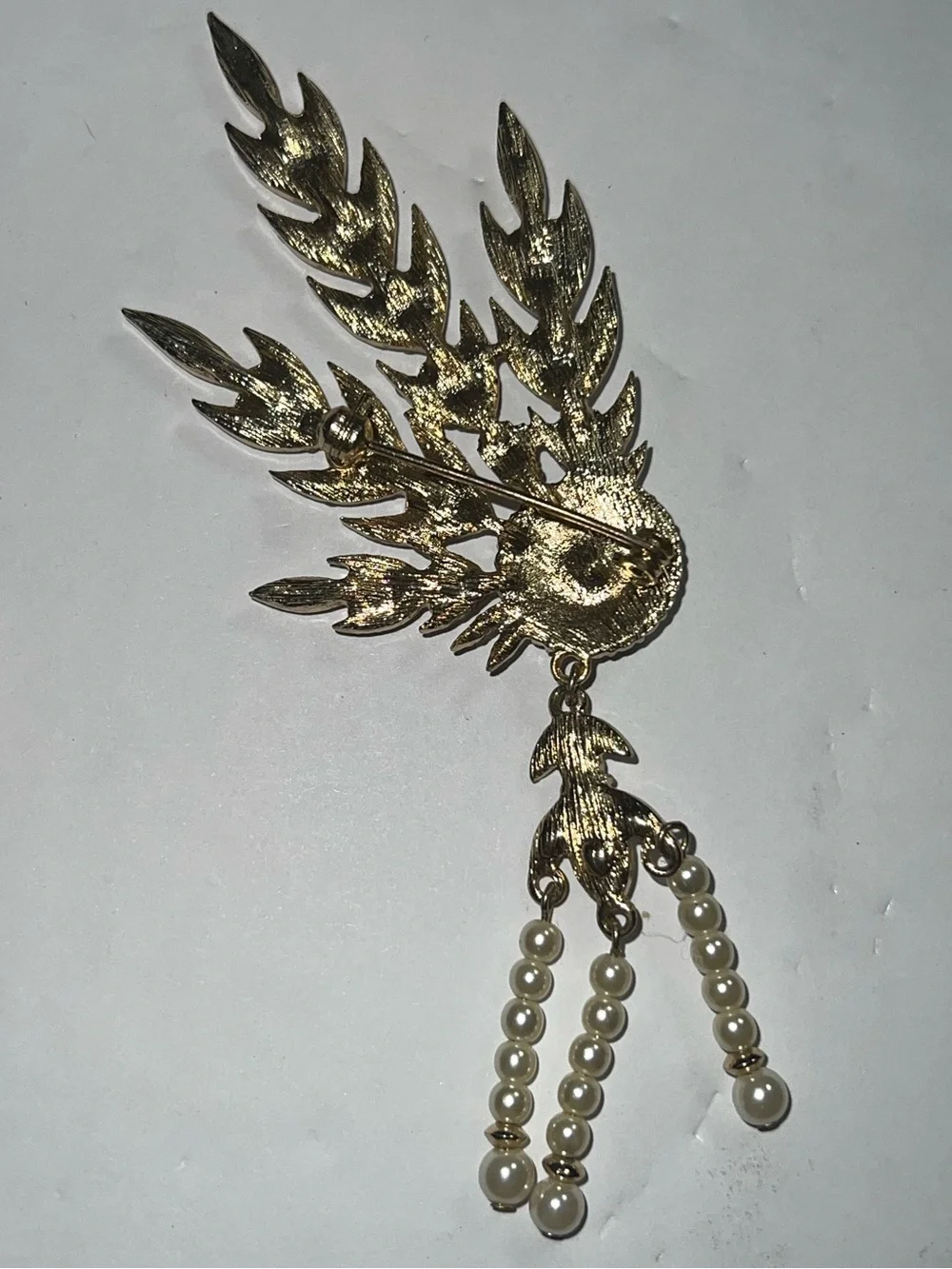 Gold-Tone Pearl & Crystal Feather Statement Brooch